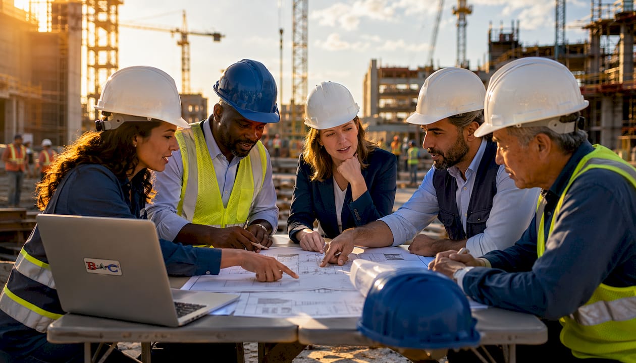 Diverse team discussing construction scheduling outdoors