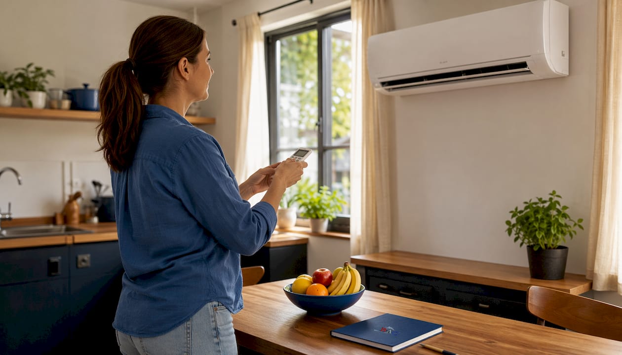 Woman adjusting ductless indoor HVAC unit remote