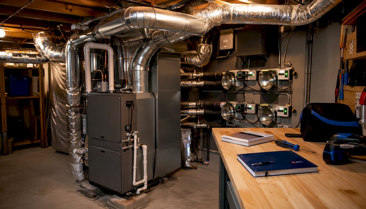 Overhead view of multi-zone ducted HVAC system setup