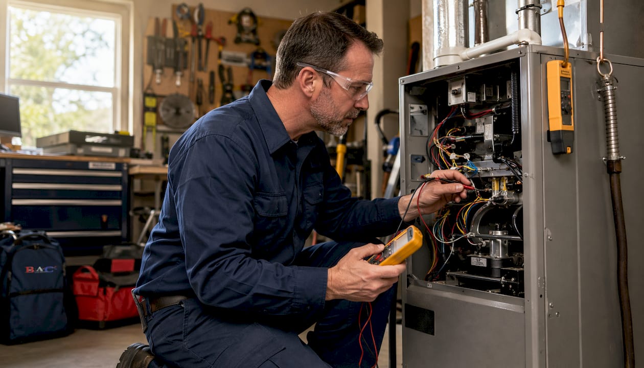 Technician diagnosing residential furnace in basement