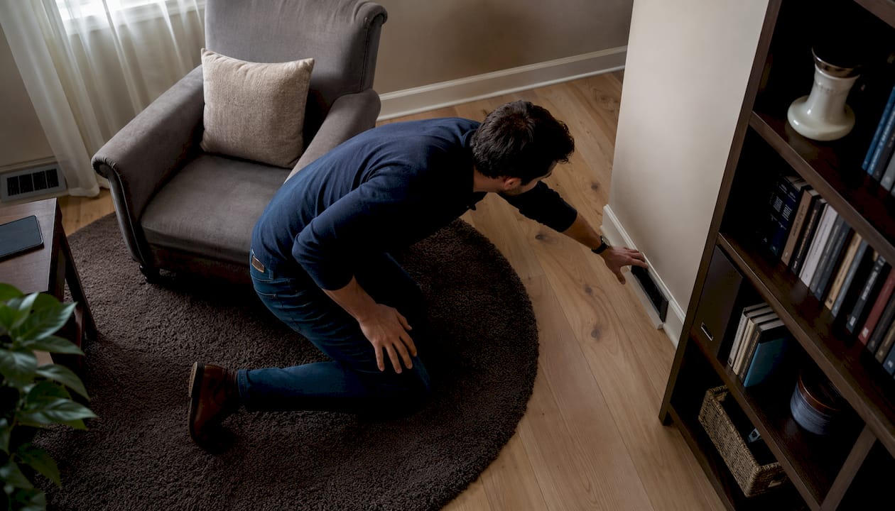 Homeowner inspecting blocked furnace vents in living room