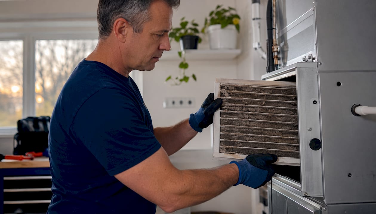 Hands removing dirty furnace air filter