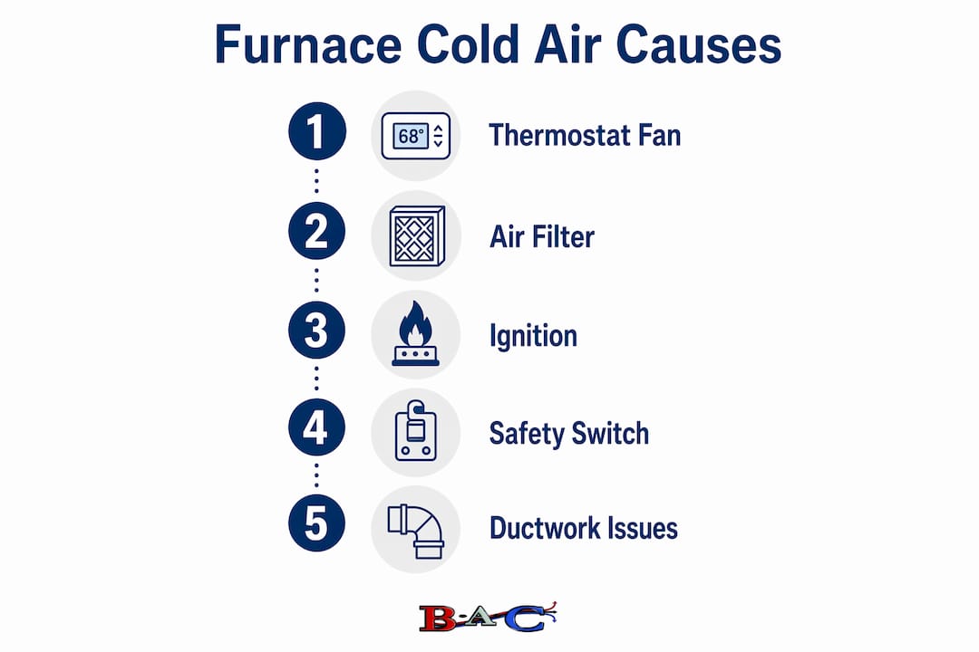 Infographic showing furnace cold air common causes and fixes