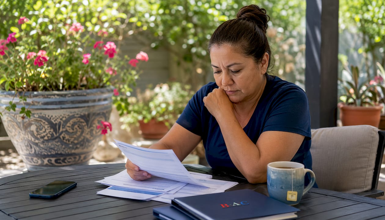Homeowner reviewing HVAC financing paperwork at kitchen table