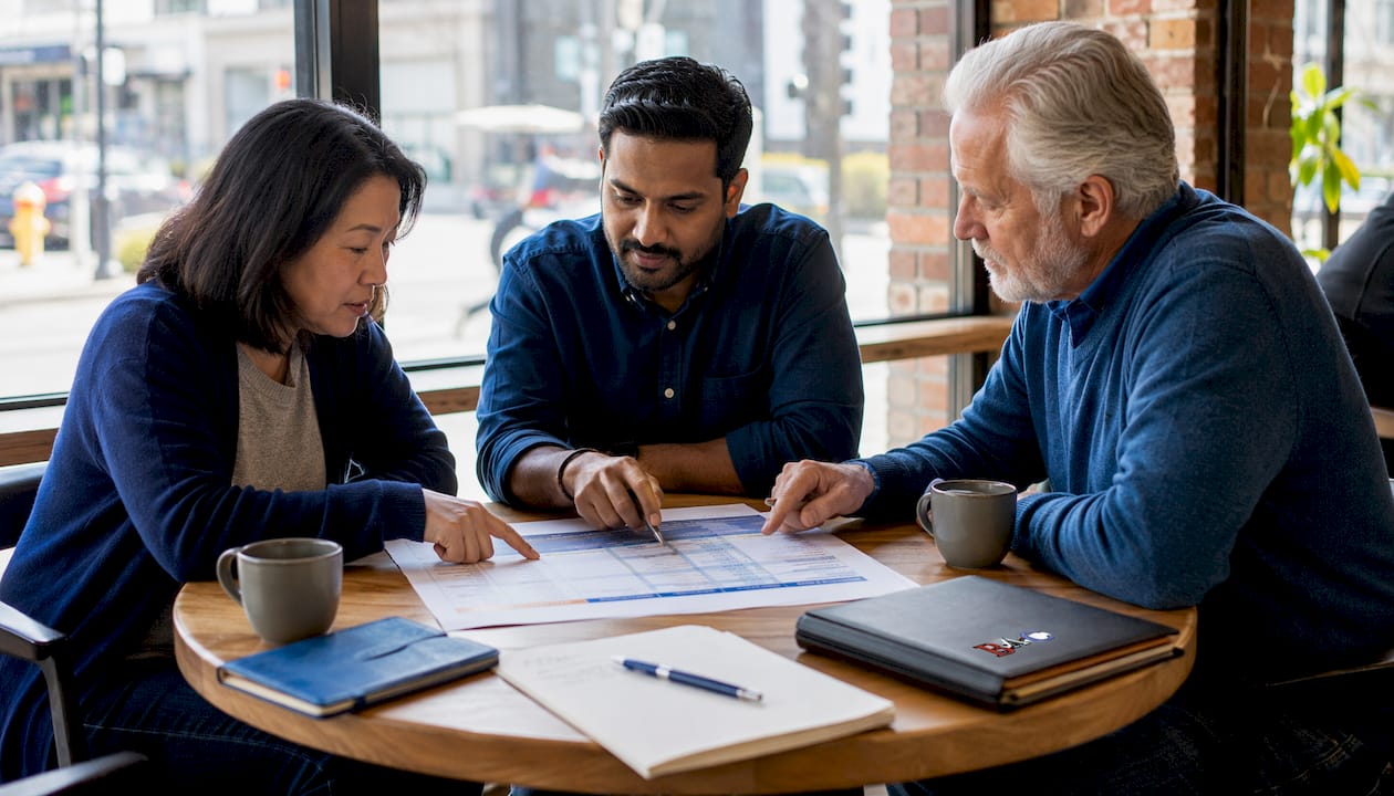 Group reviewing HVAC financing comparison chart overhead view