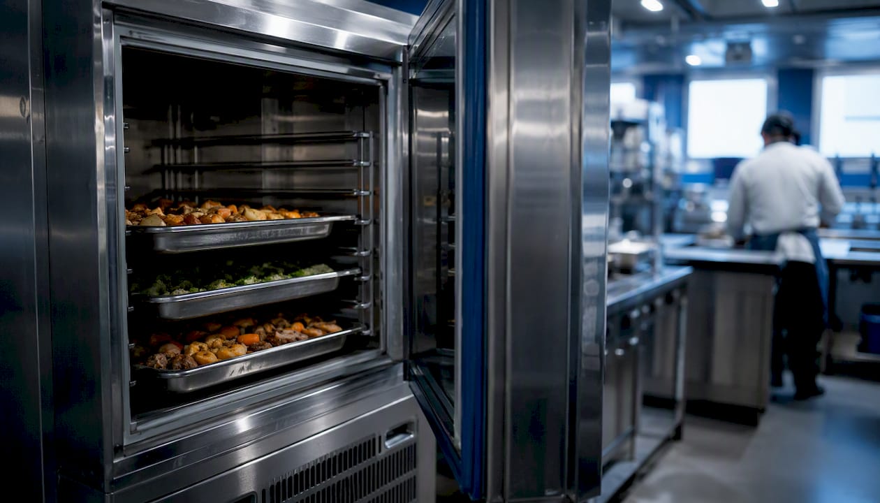 Open blast chiller with food trays inside