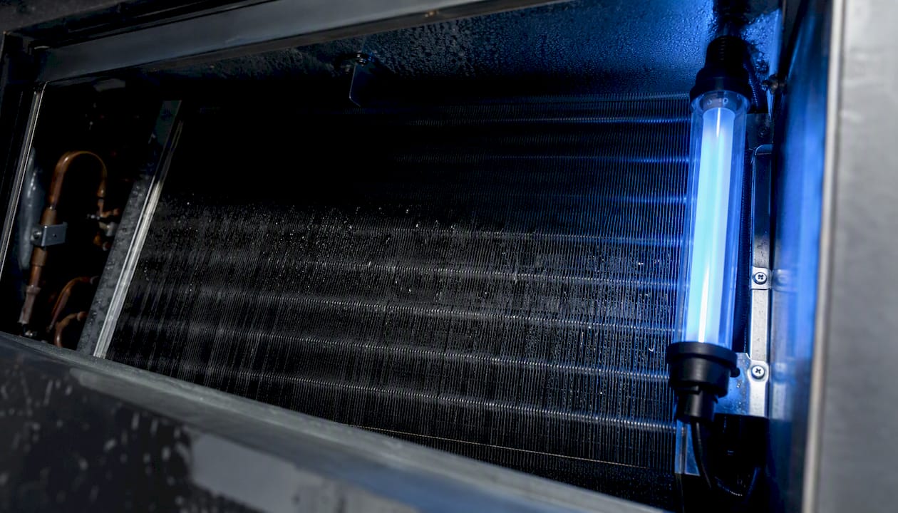 Ultraviolet lamp illuminating HVAC evaporator coil