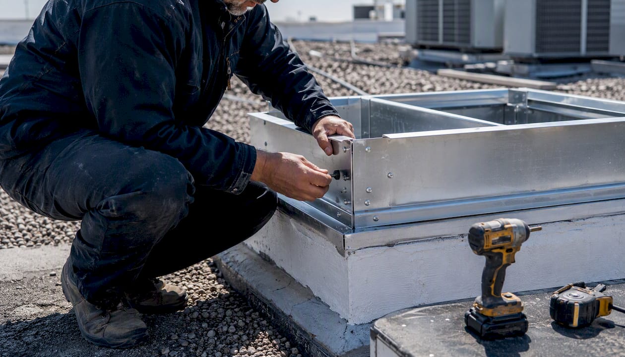 Hands installing rooftop curb adapter