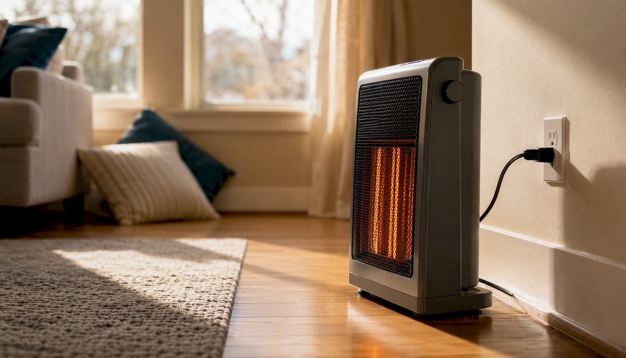 Electric space heater plugged safely in room