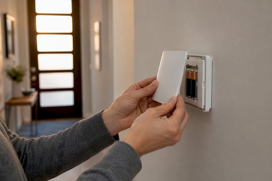 Hands opening thermostat showing batteries