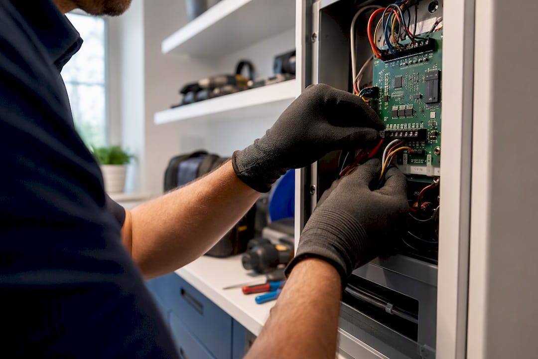 Gloved hands reseating thermostat wires
