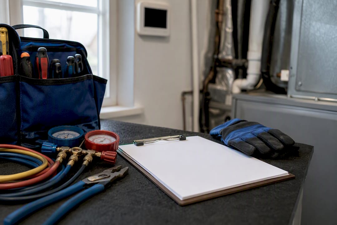 HVAC maintenance tools and paperwork in home mechanical room