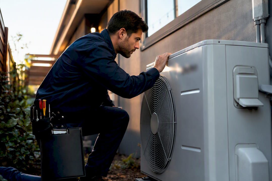 Technician inspecting residential heat pump outdoors