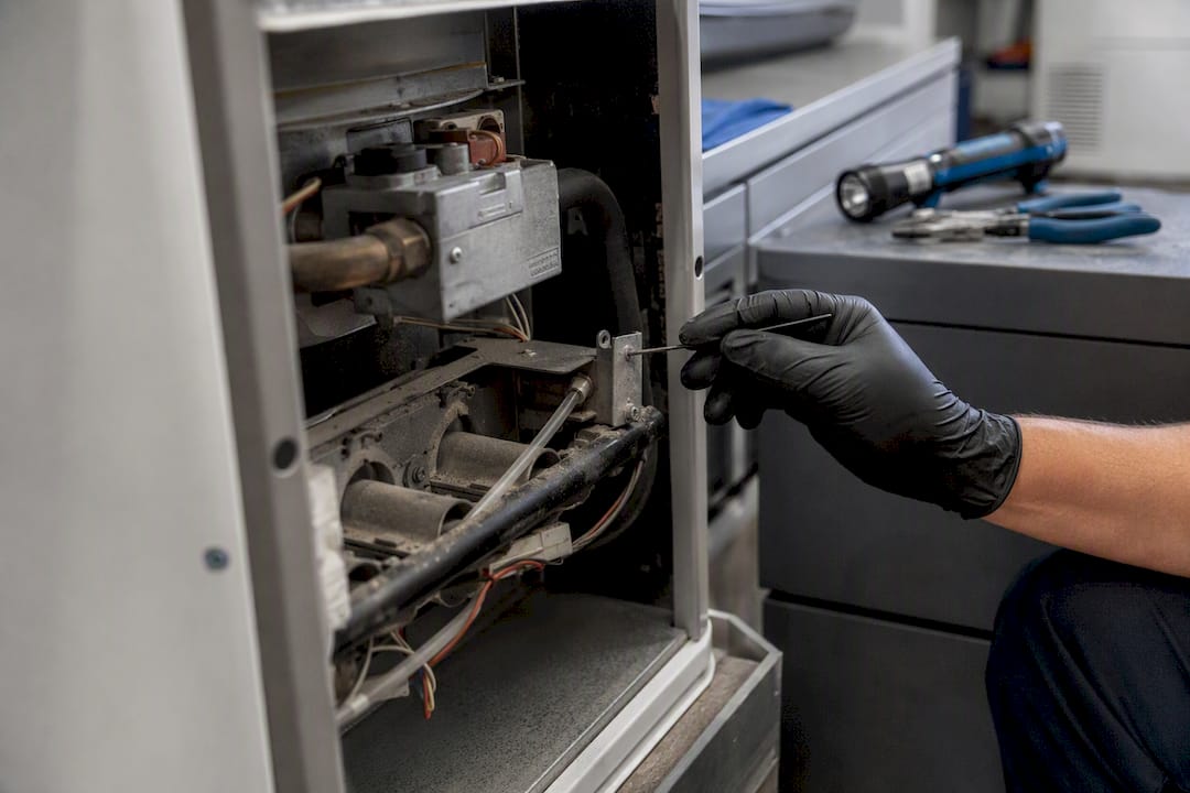 Technician cleaning clogged furnace pilot orifice