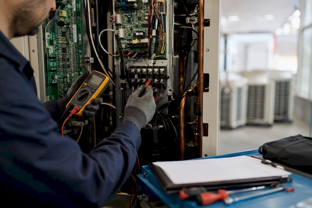 Hands diagnosing VRF compressor fault