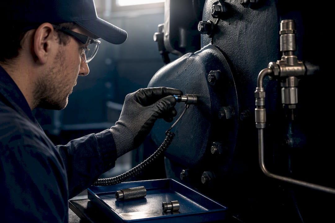 Technician attaching sensor for compressor vibration analysis