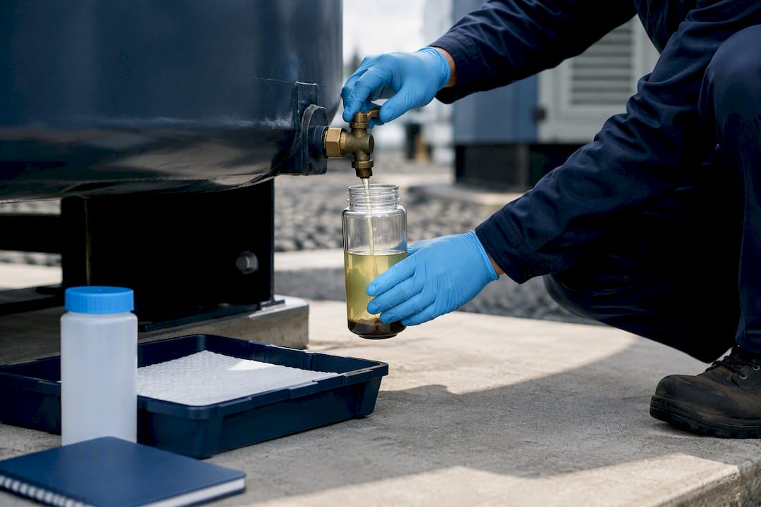 Technician collecting bottom fuel tank sample