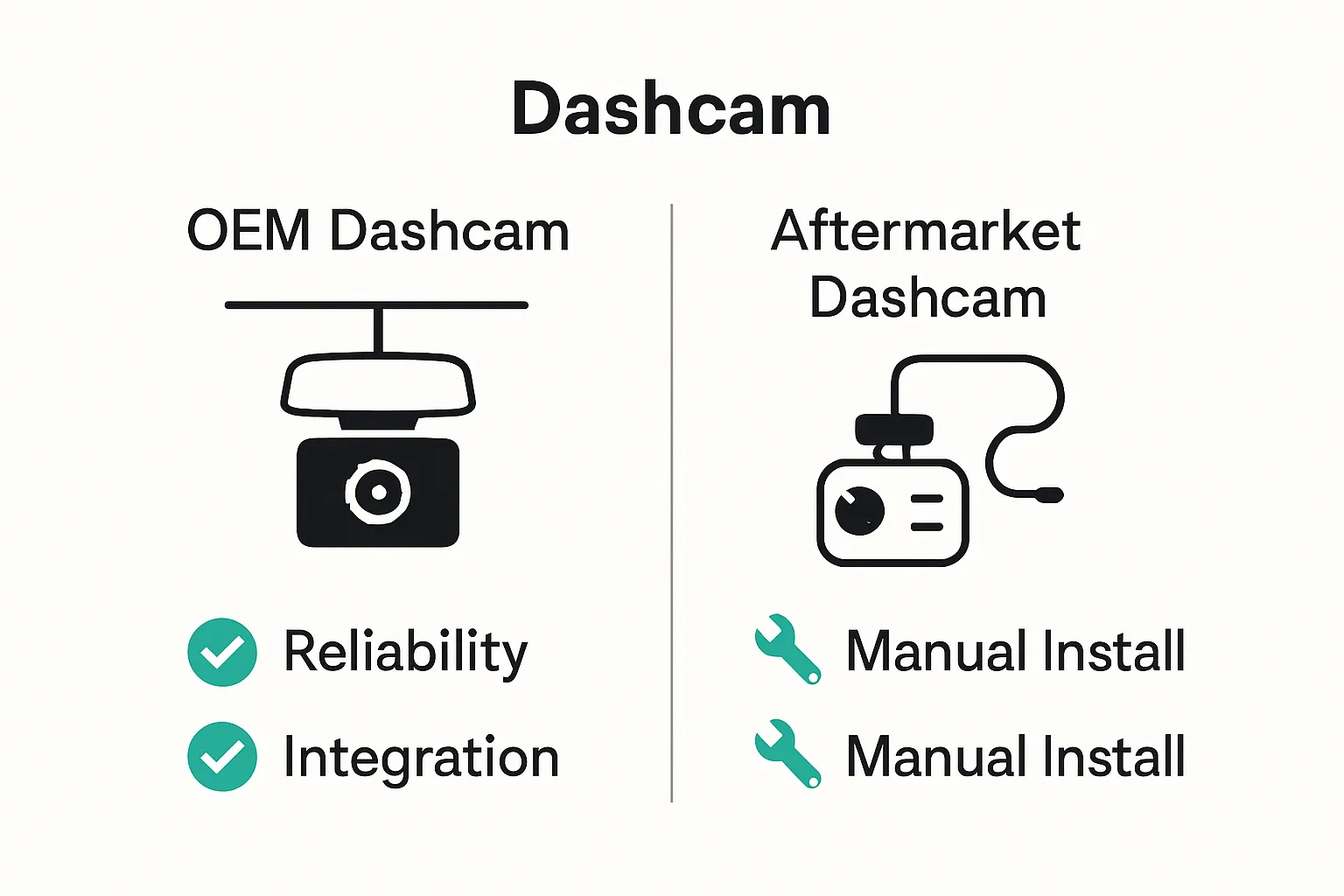 Infographic comparing OEM dashcam vs aftermarket dashcam key traits