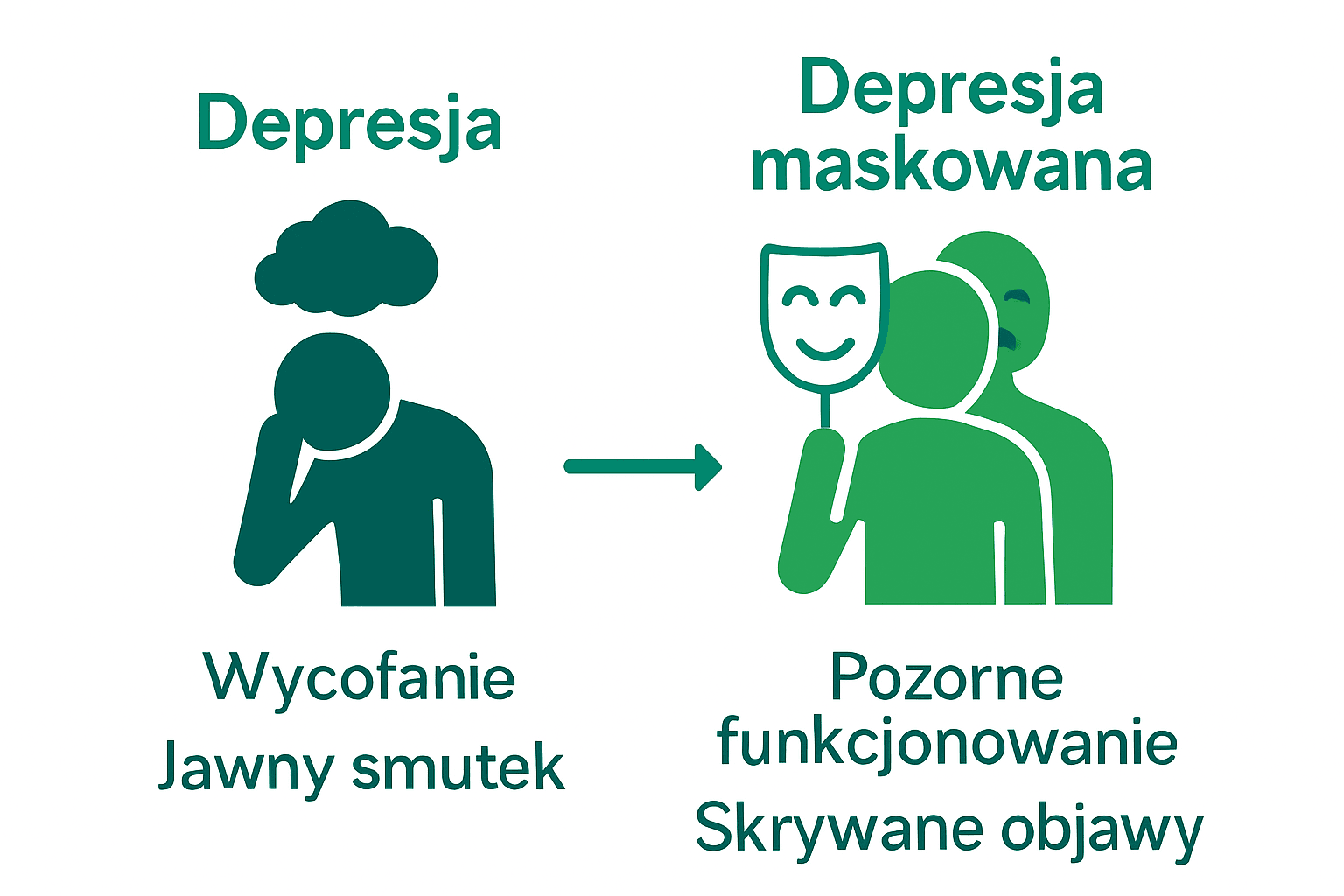 Porównanie klasycznej i maskowanej depresji za pomocą sylwetek i ikon.