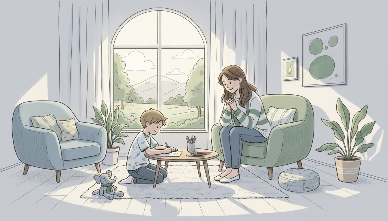 Child with therapist in safe supportive office