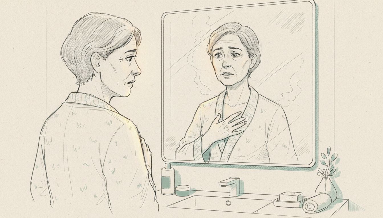 Person checking body for symptoms in mirror