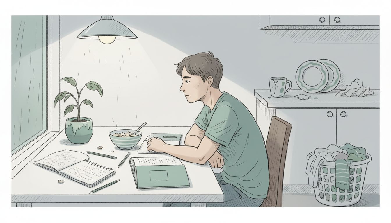 Young man sitting in dim apartment gazing outside