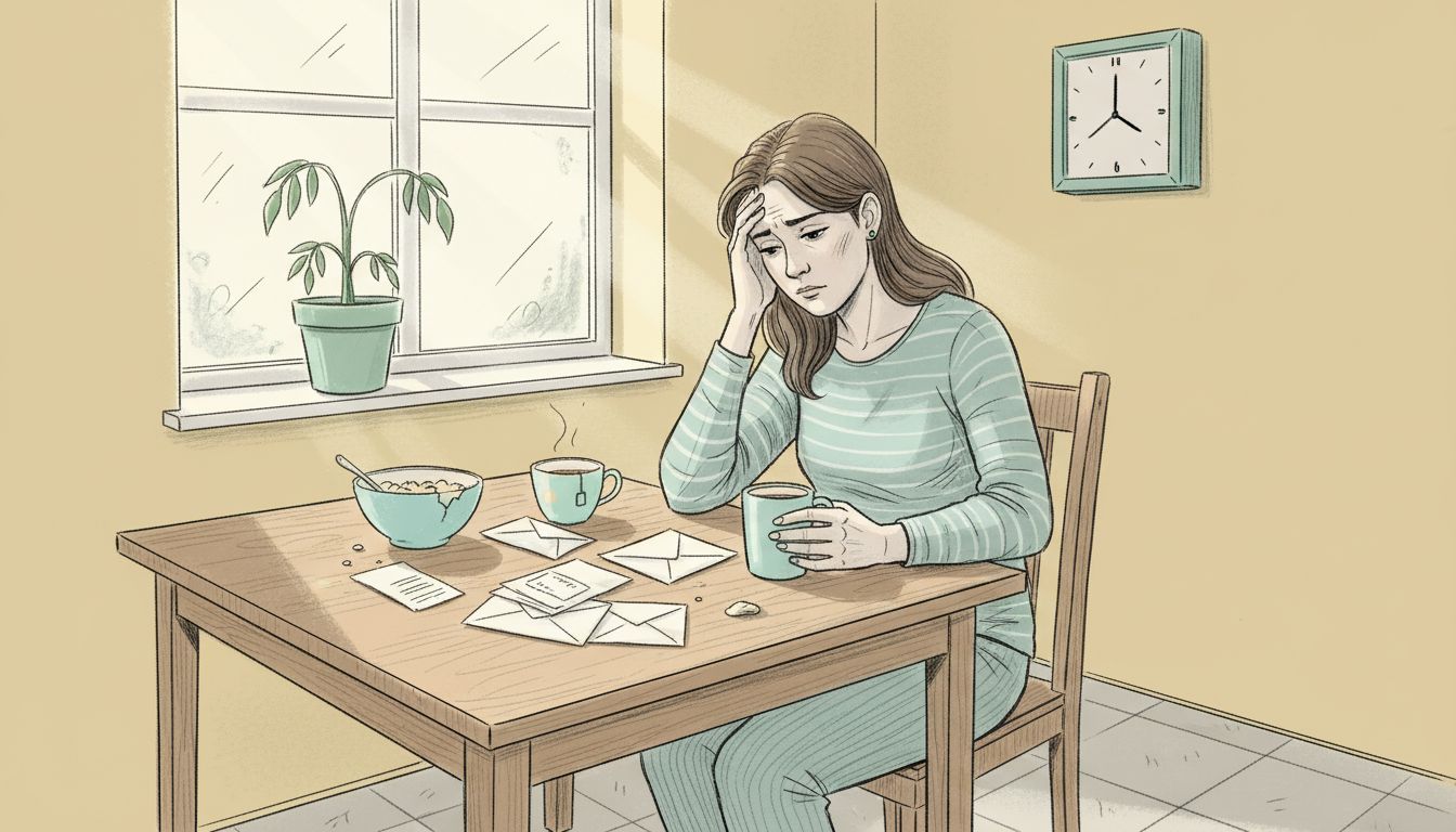 Woman stressed in everyday kitchen setting