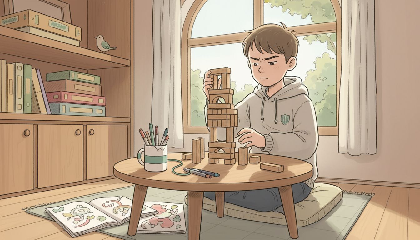 Boy with blocks shows therapy environment