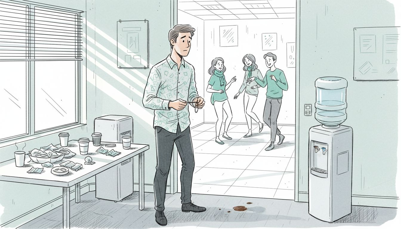 Isolated man avoiding workplace group