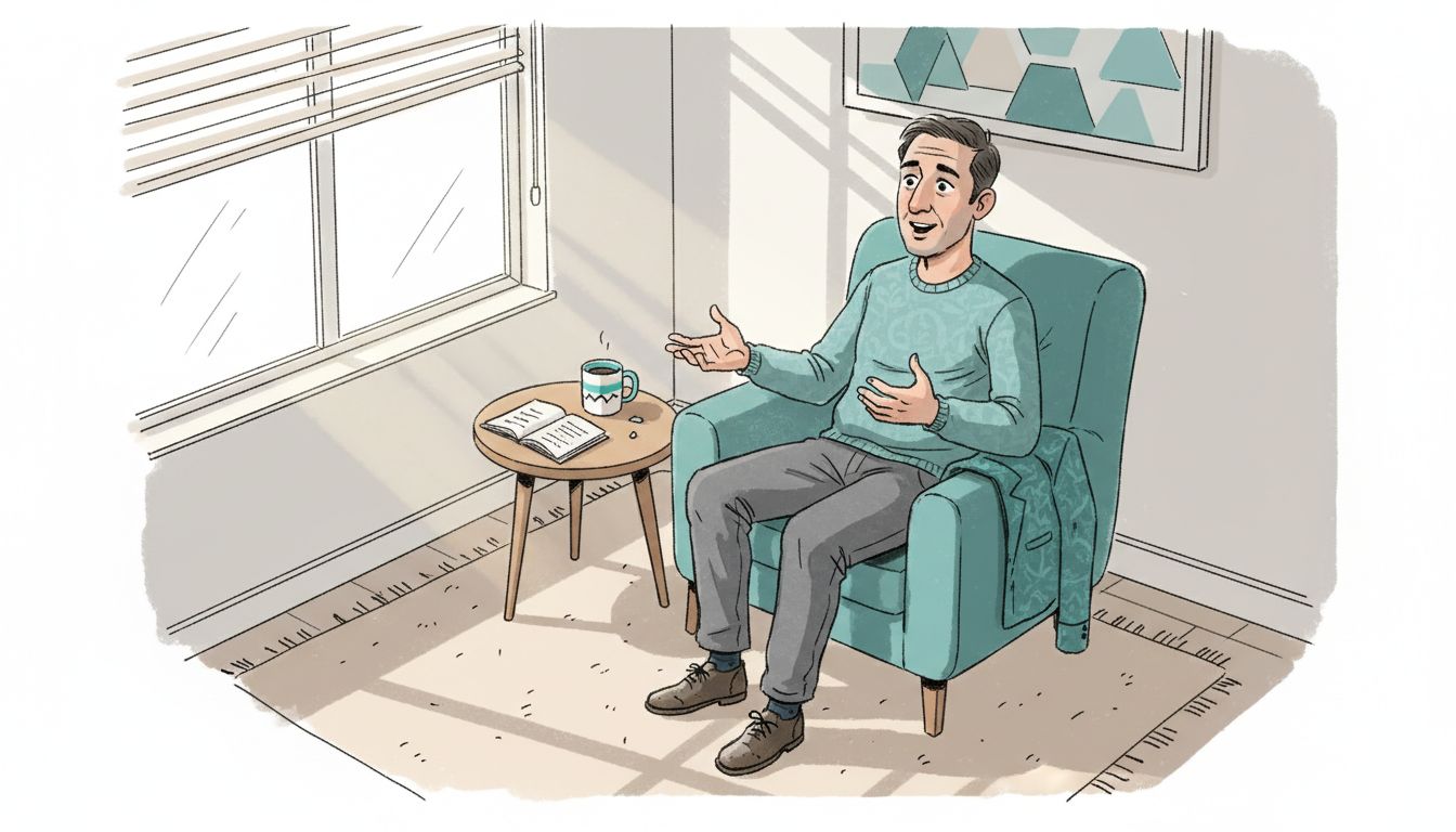 Mężczyzna opowiada o swoich emocjach podczas spotkania z terapeutą.