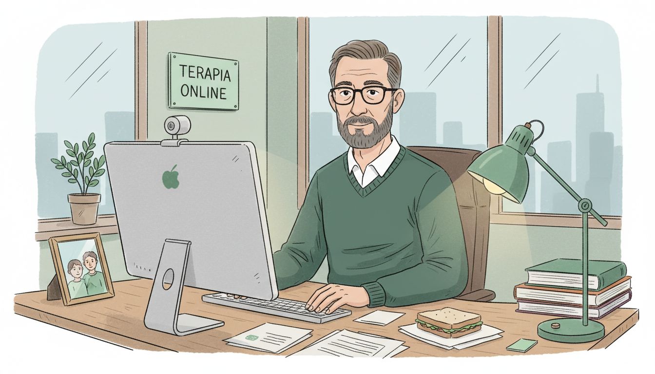 Psycholog prowadzi konsultację online, łącząc się z pacjentem przez kamerę internetową w swoim gabinecie.
