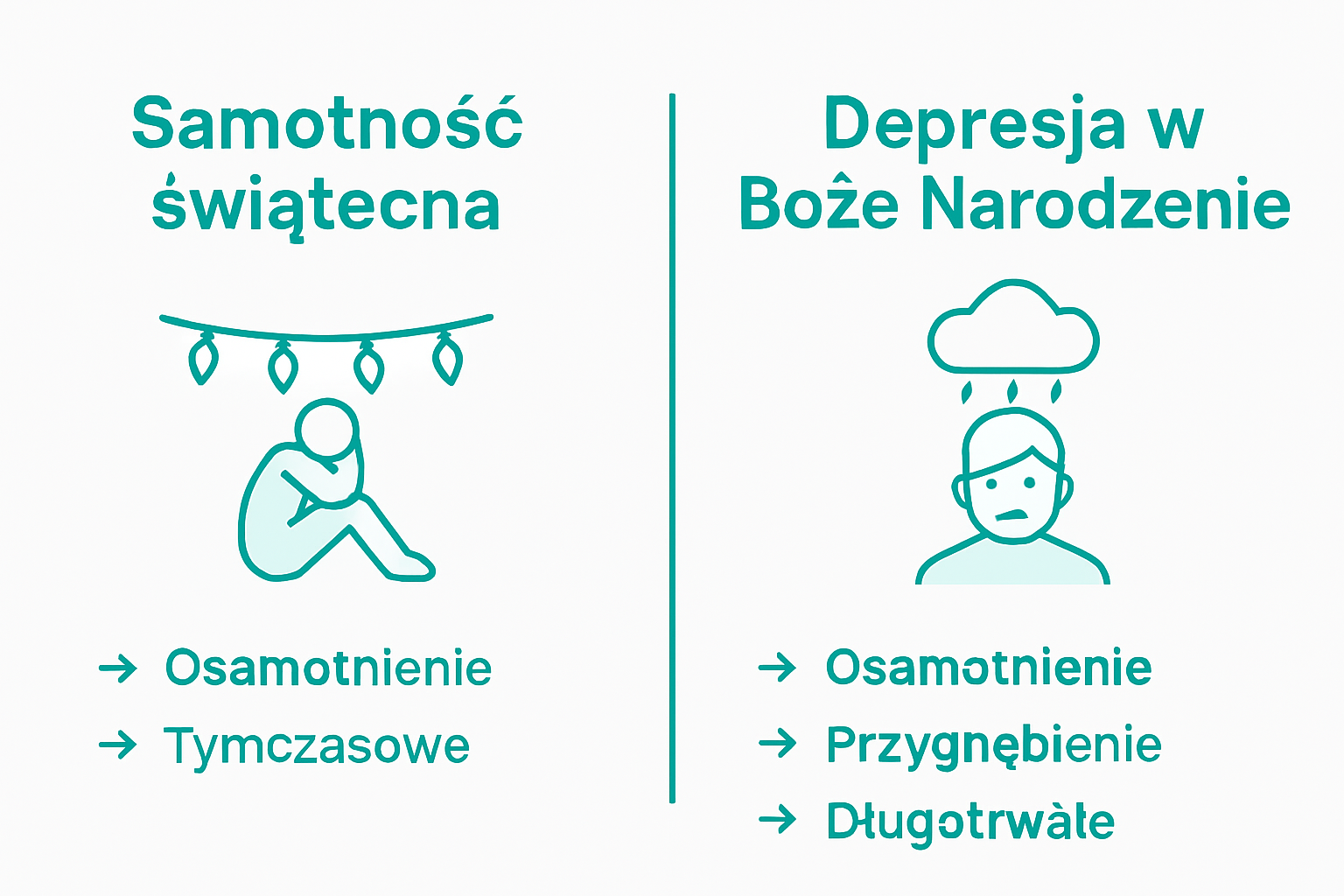 Infografika pokazująca różnice między poczuciem samotności a depresją w okresie świątecznym
