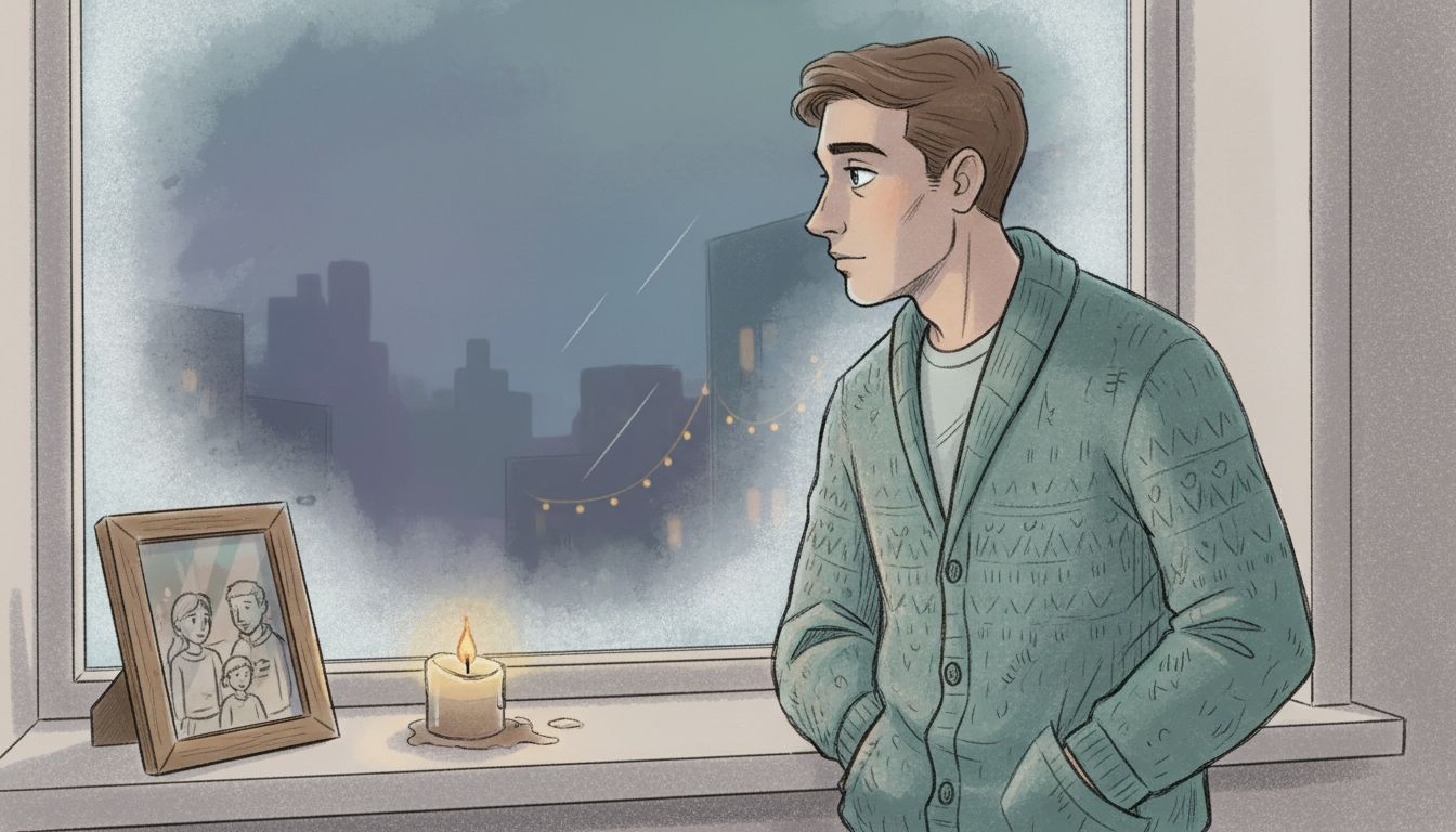 Mężczyzna zamyślony, siedzący przy oknie w blasku świecy.