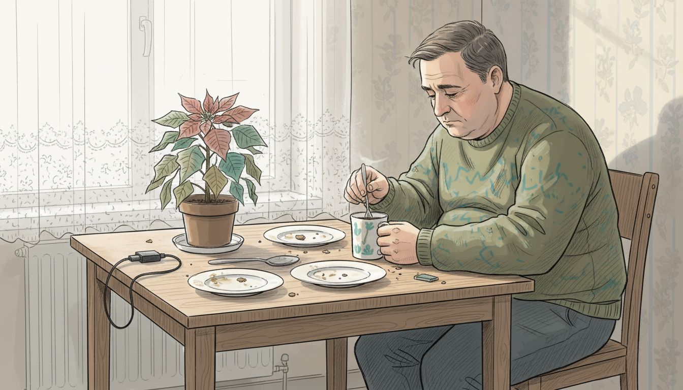 Mężczyzna siedzi przy zabałaganionym stole w kuchni i wyraźnie widać po nim zmęczenie.