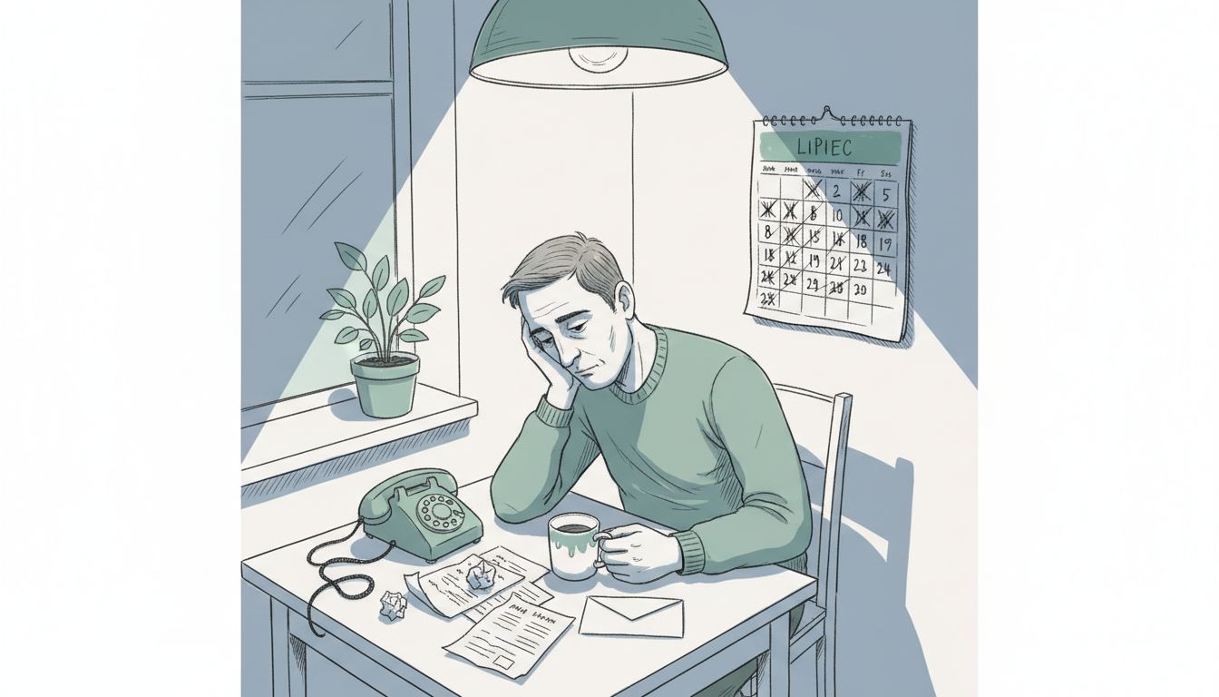 Mężczyzna siedzi przy kuchennym stole, pogrążony w żalu i refleksji nad swoimi decyzjami.