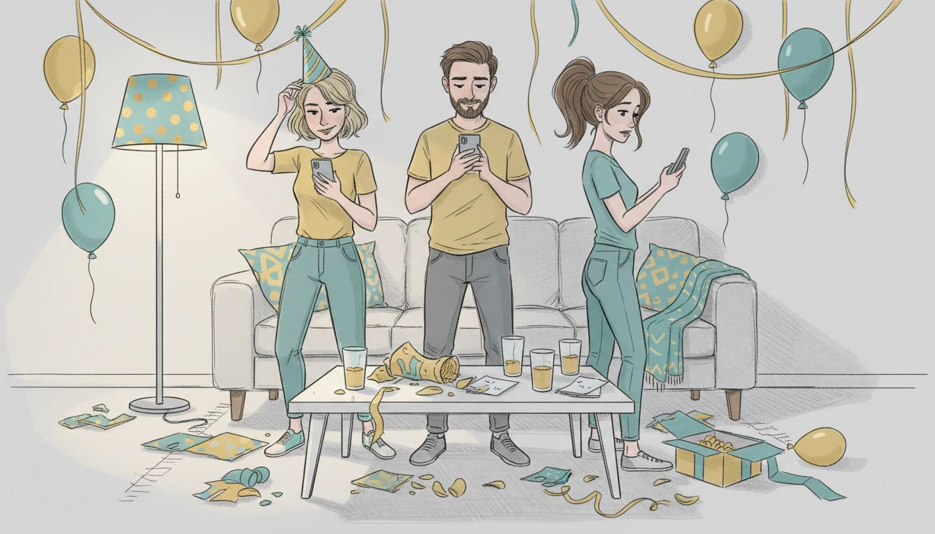 Znajomi czują się nieswojo pod presją podczas sylwestrowej imprezy.