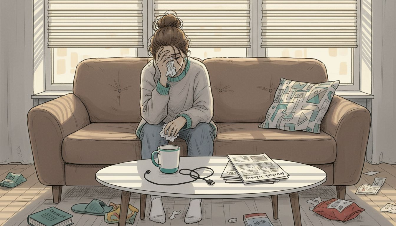 Kobieta siedzi w domu i wyraźnie denerwuje się wiadomościami politycznymi.