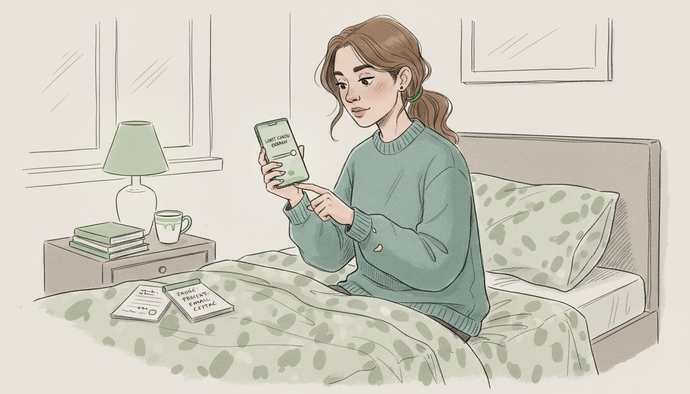 Kobieta ustawia ograniczenie czasu korzystania z telefonu przed snem.