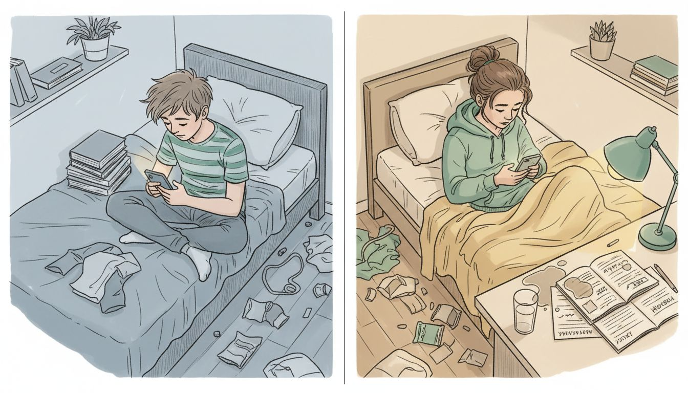 Nastolatki często spędzają czas w swoich pokojach, przeglądając telefon w samotności.