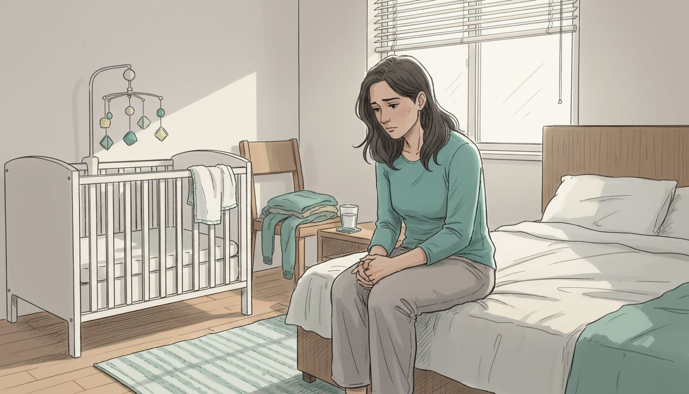 Zasmucona kobieta siedzi na łóżku obok łóżeczka swojego dziecka, pogrążona w myślach.