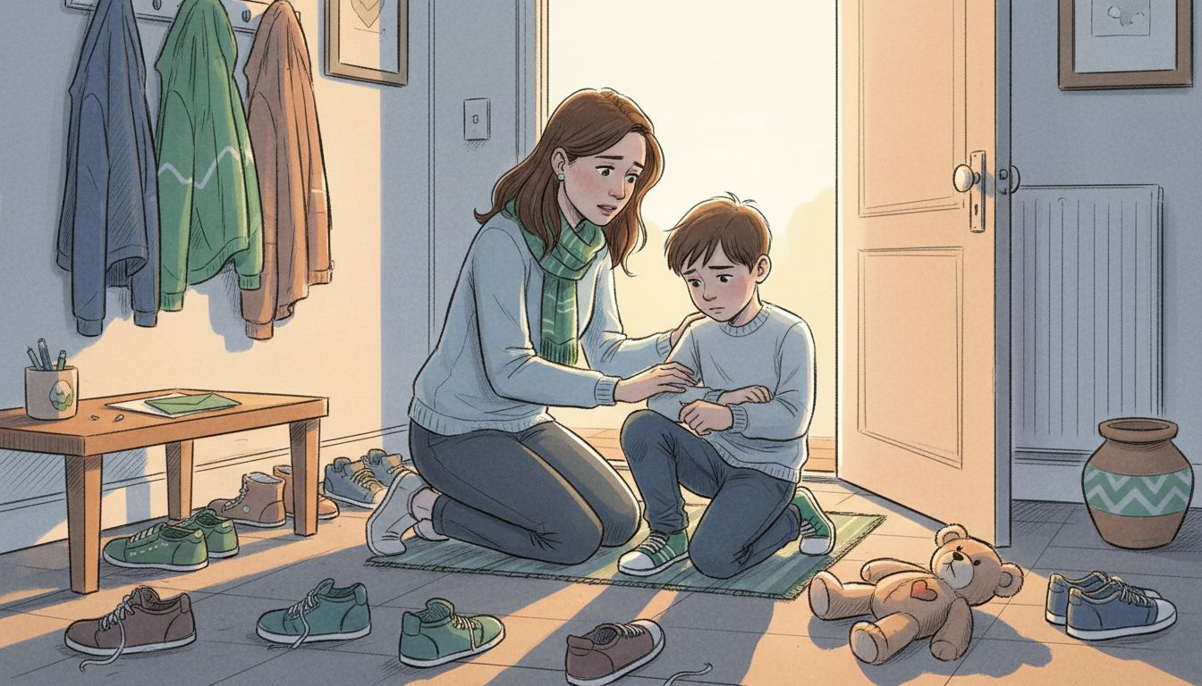 Mama dodaje synowi otuchy, gdy stoją razem na korytarzu w domu.