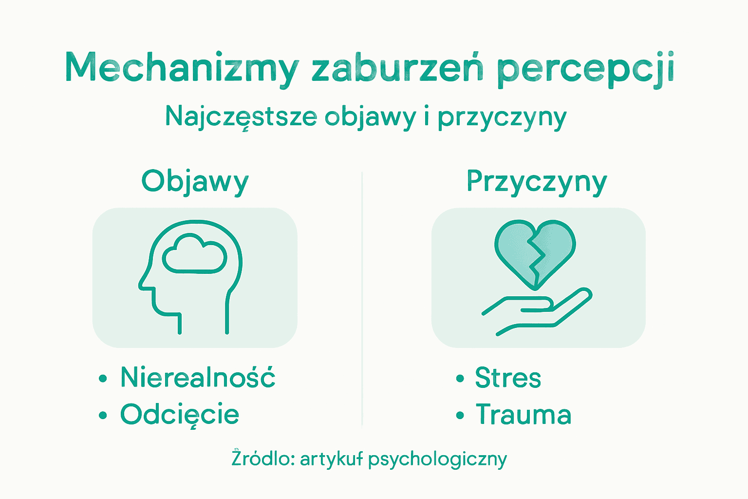 Infografika przedstawiająca, jak działają mechanizmy postrzegania oraz jakie objawy mogą im towarzyszyć.