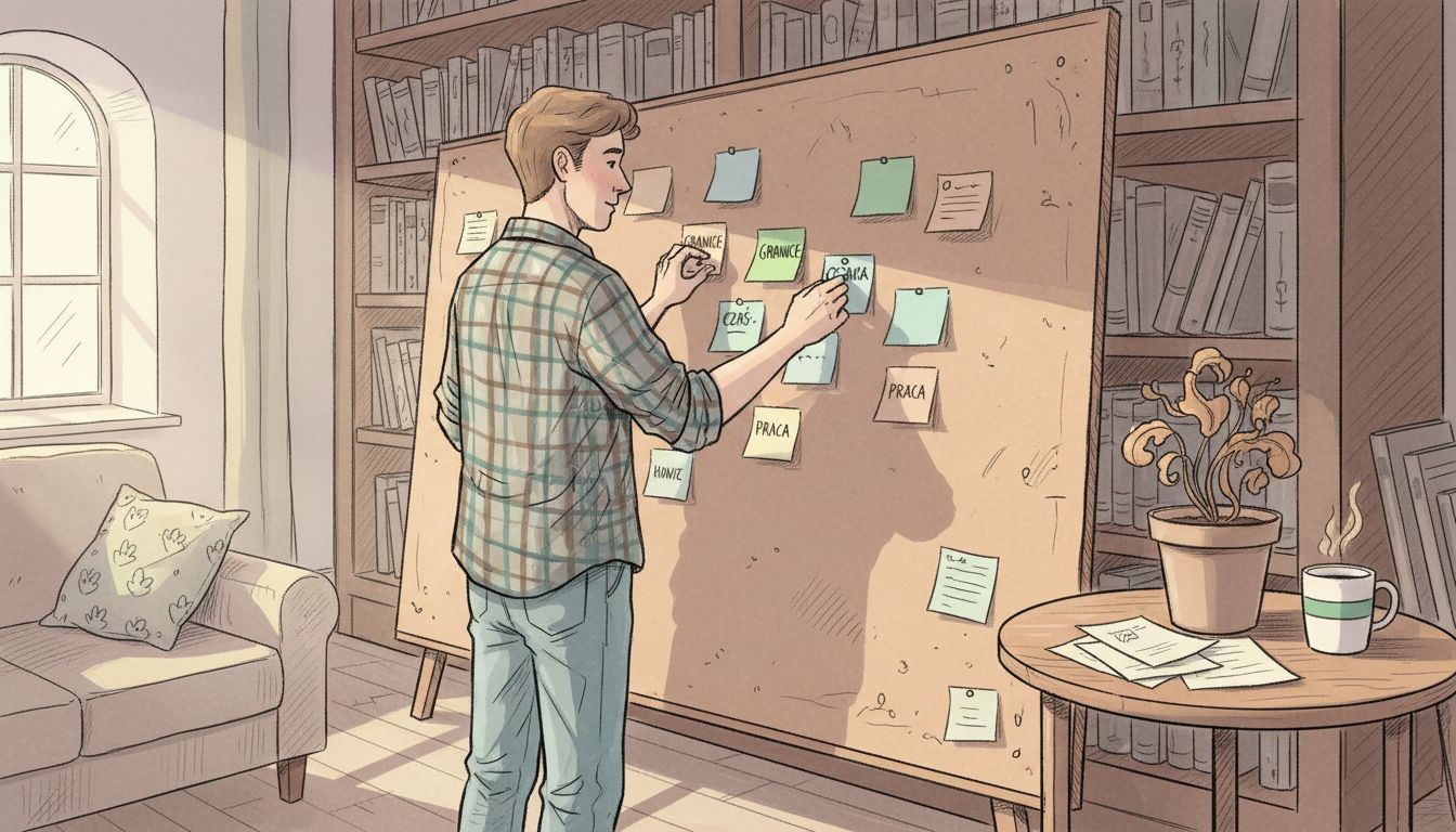 Młody chłopak rozrysowuje na tablicy korkowej plan granic.