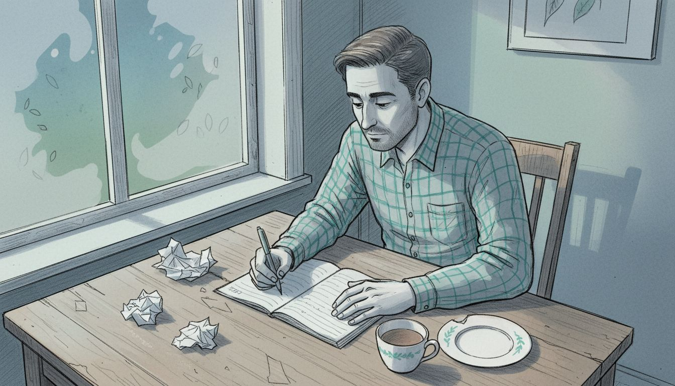 Mężczyzna zapisuje w swoim dzienniku przeżycia i uczucia, próbując poukładać własne emocje na papierze.