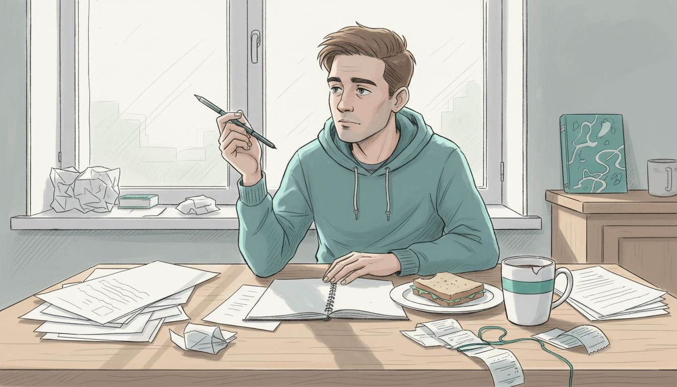 Zamyślony mężczyzna siedzi przy biurku, zupełnie nie zwracając uwagi na swoje obowiązki.