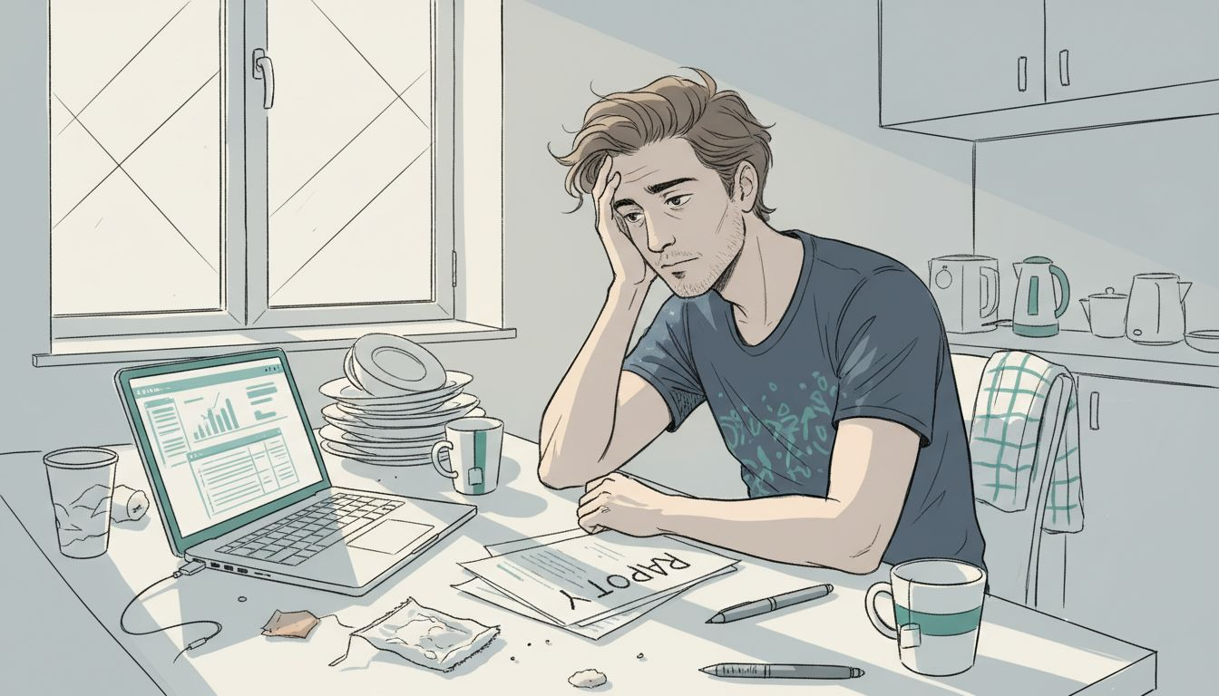 Zmęczony mężczyzna siedzi przy zabałaganionym stole, wyraźnie przytłoczony nadmiarem obowiązków.