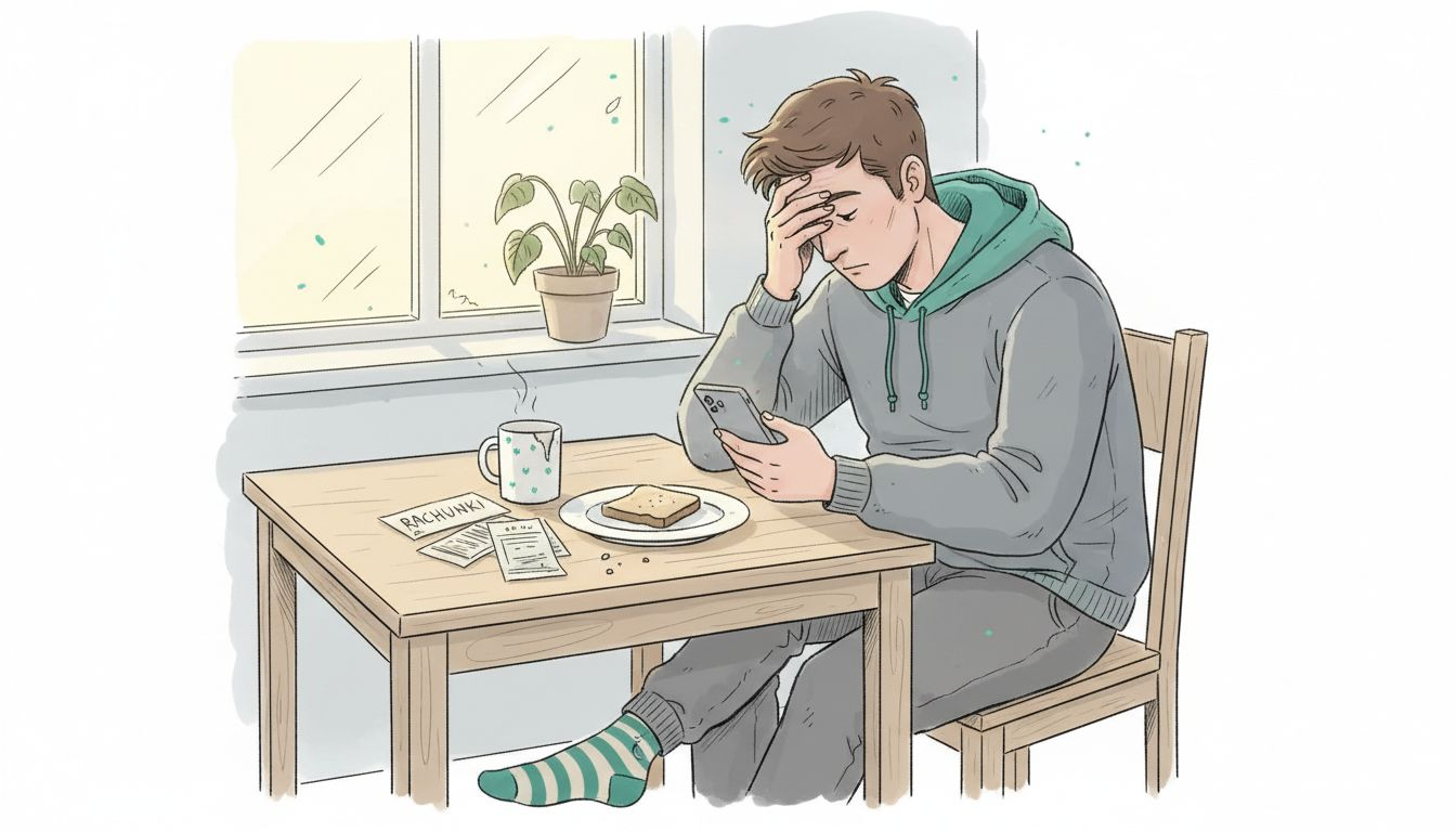 Mężczyzna próbuje poradzić sobie z zimową chandrą podczas śniadania.