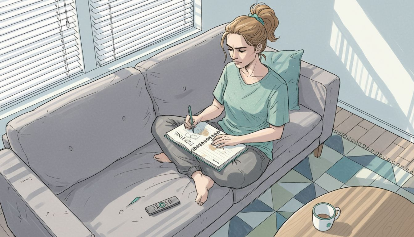 Kobieta spisuje na kartkach swoje niepokoje, siedząc w domowym zaciszu.