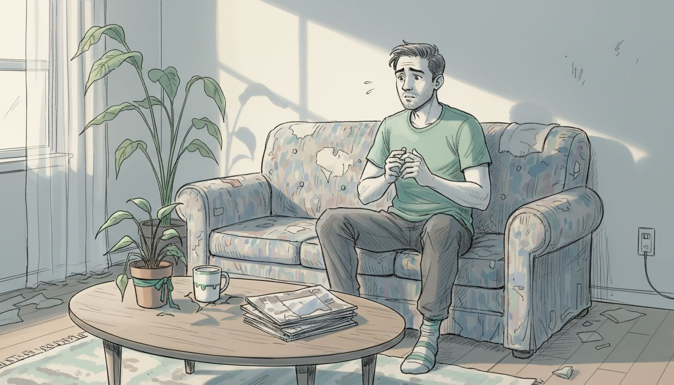 Mężczyzna w domu, który zachowuje się tak, jakby nie wierzył w siebie i miał niskie poczucie własnej wartości.