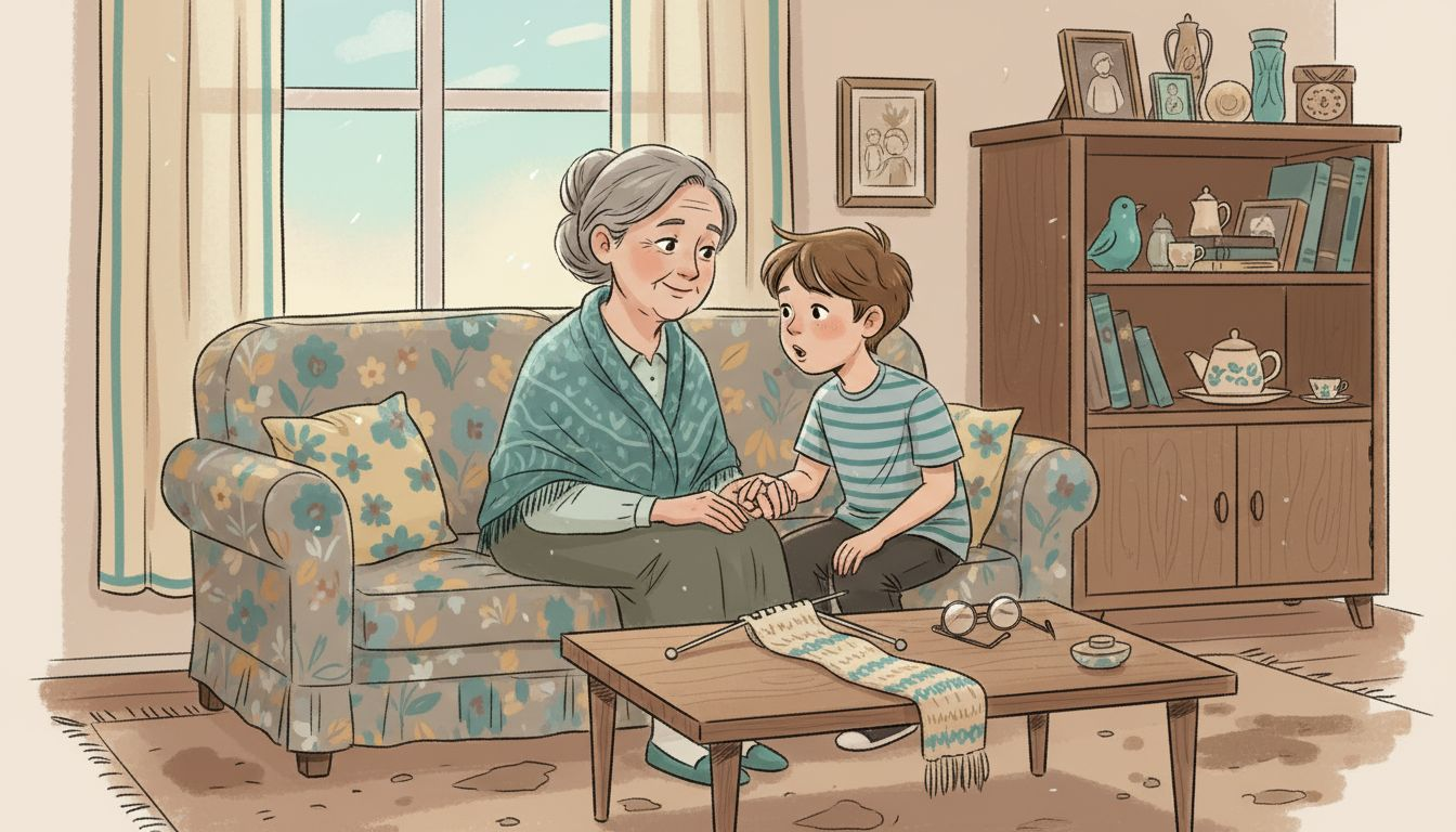 W salonie babcia delikatnie prowadzi wnuka, trzymając go za rękę.